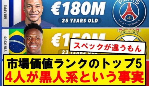 【悲報】サッカー選手の市場価値トップ5のうち4人が黒人という事実